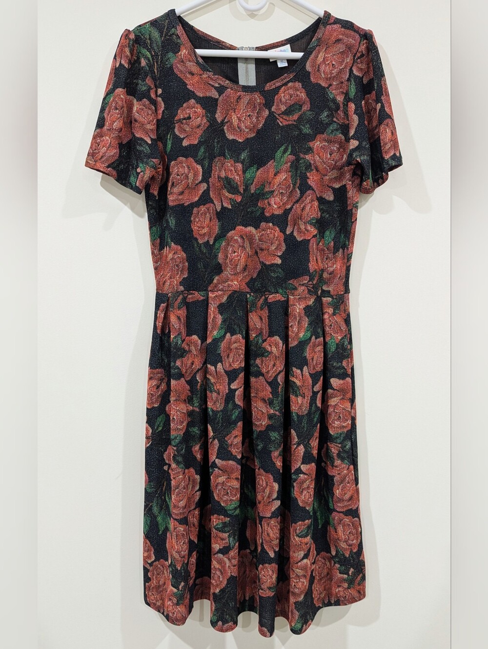 LuLaRoe Black Midi Dress with Coral Roses and Green Leaves